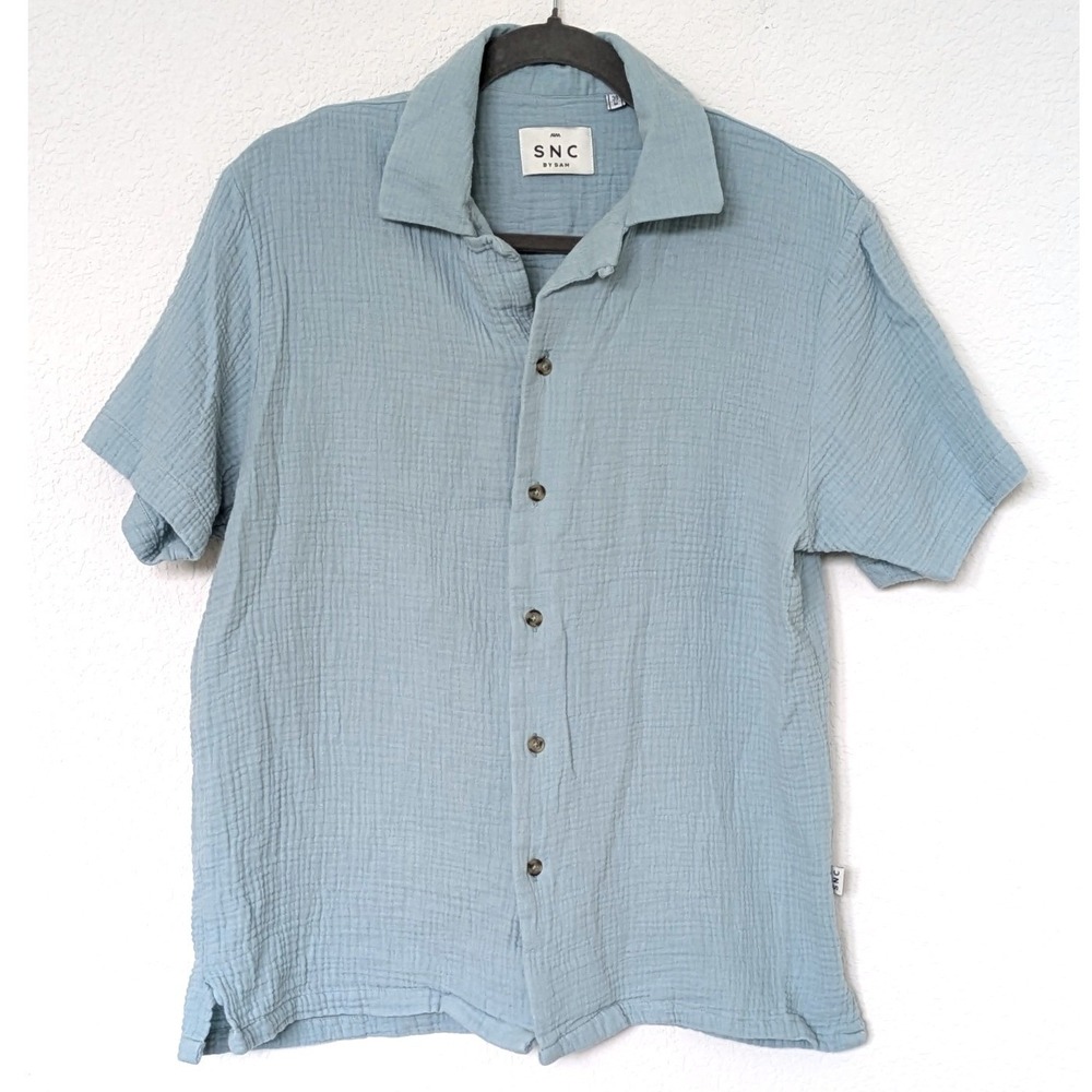 SNC by Sam Linen Button Up Shirt Size M Blue Short Sleeve Double Cloth Top